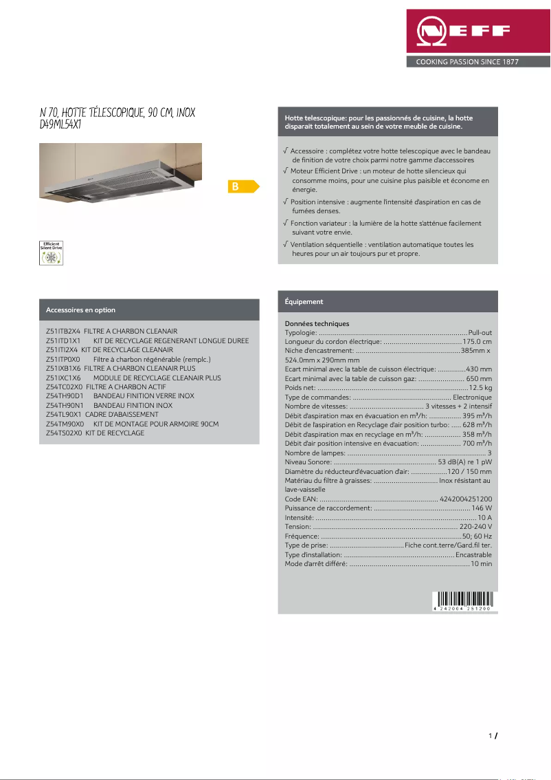 Page 1 de la notice Fiche technique Neff D49ML54X1