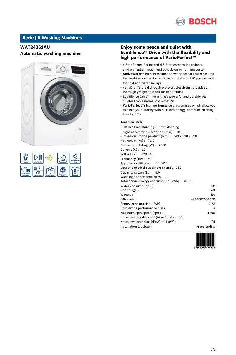 Page 1 de la notice Fiche technique Bosch WAT24261AU