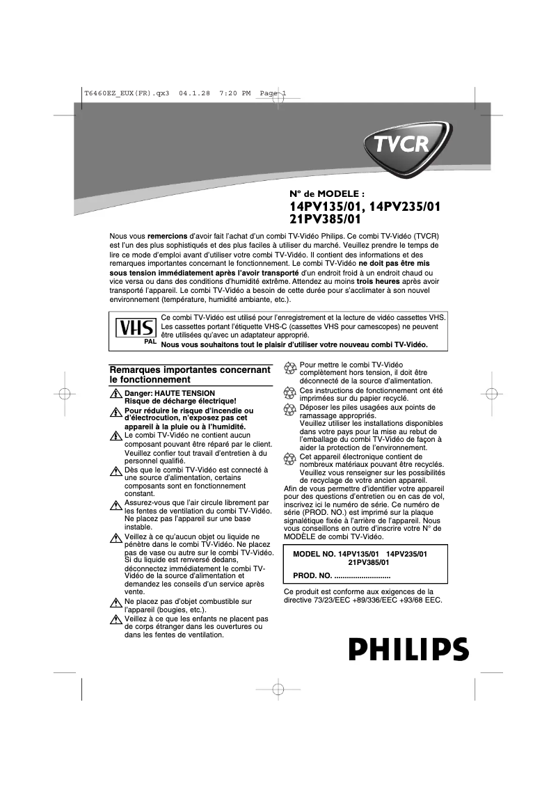 Page 1 de la notice Manuel utilisateur Philips 21PV385