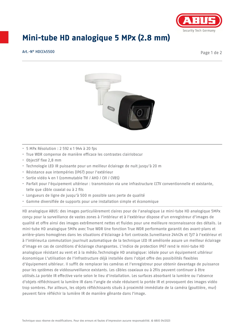 Page 1 de la notice Fiche technique Abus HDCC45500
