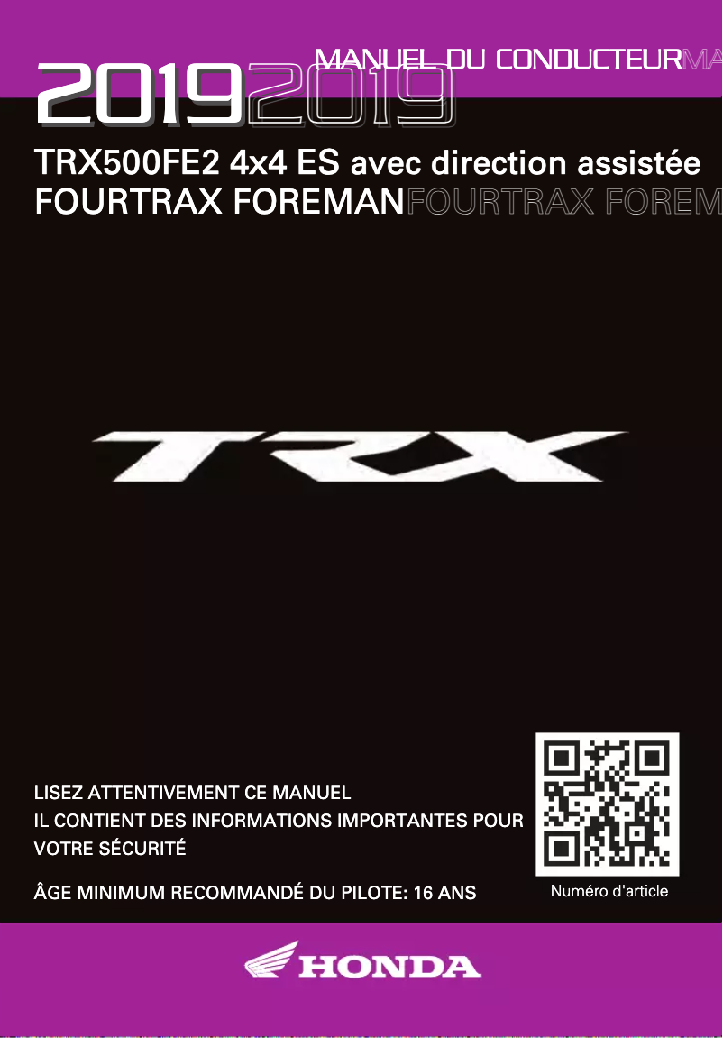 Imagen de la primera página del manual del dispositivo FourTrax Foreman TRX500FE2 (2019)
