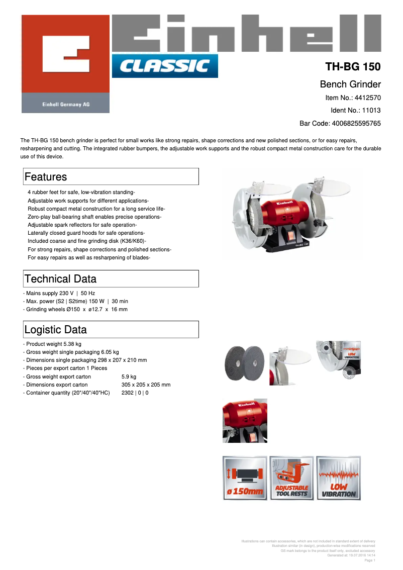 Page 1 de la notice Fiche technique Einhell TH-BG 150