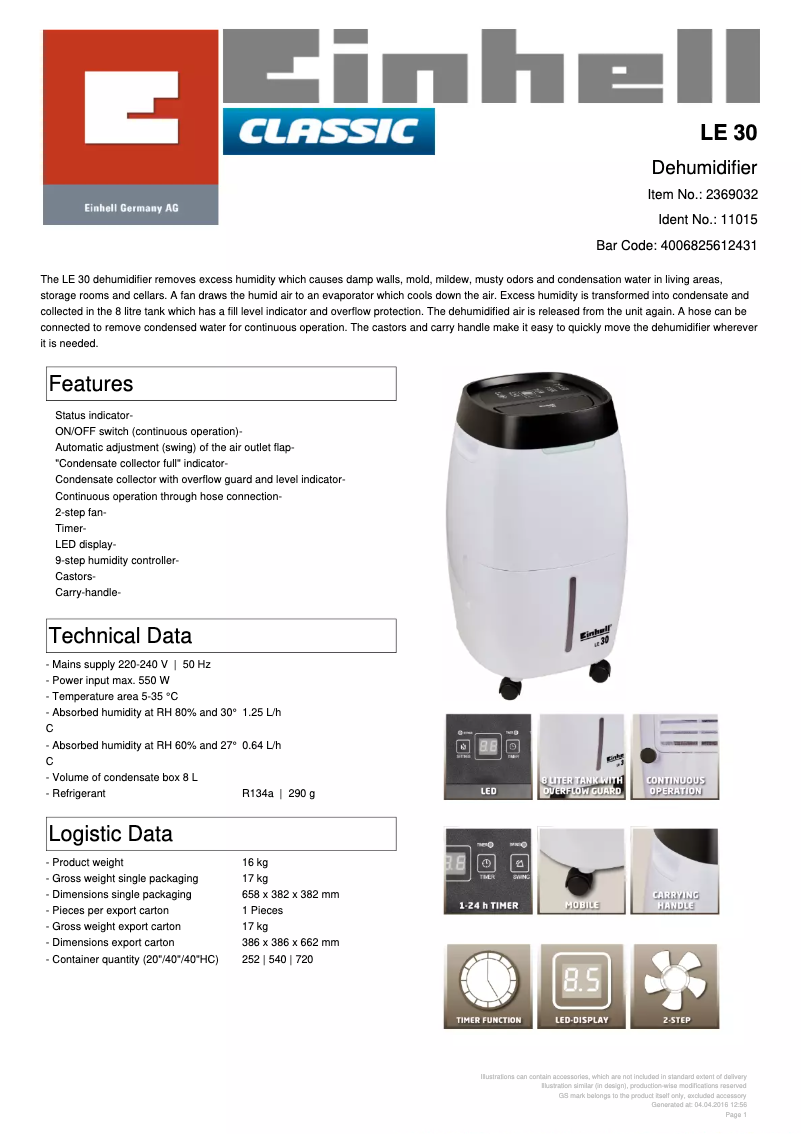 Página 1 del manual Ficha técnica Einhell LE 30