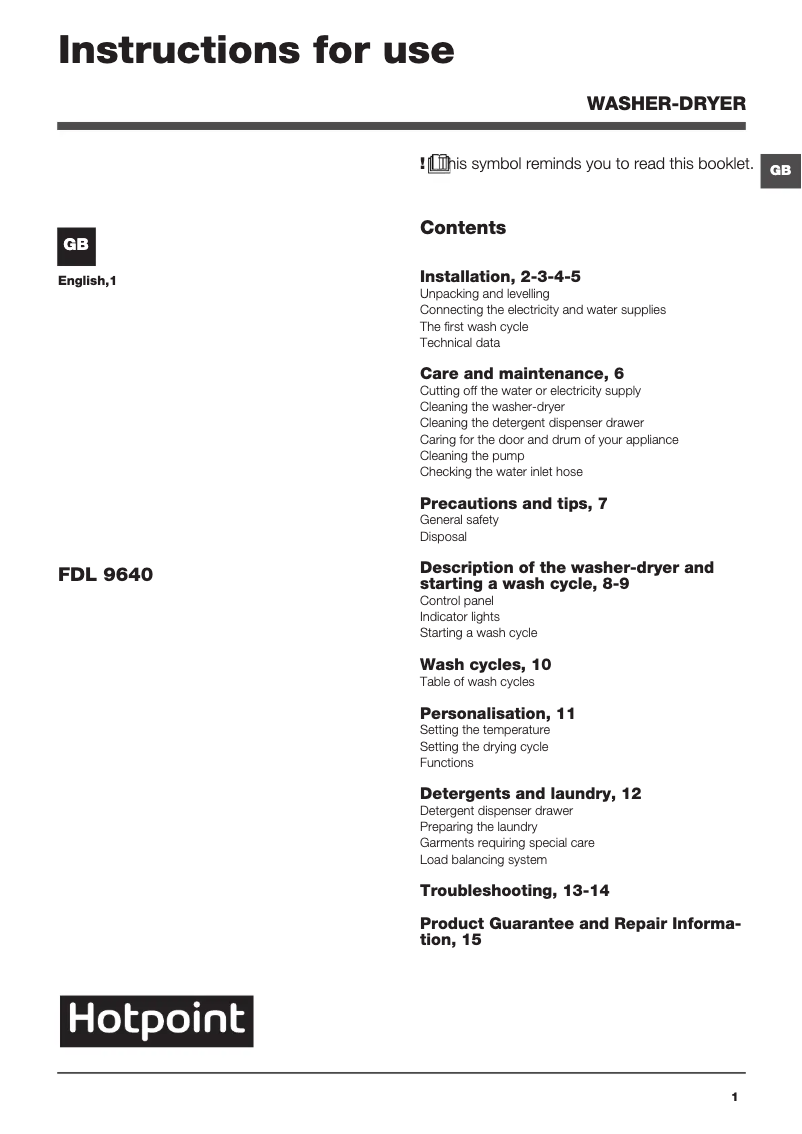 Page n°1 - Manuel utilisateur Hotpoint FDL 9640K UK