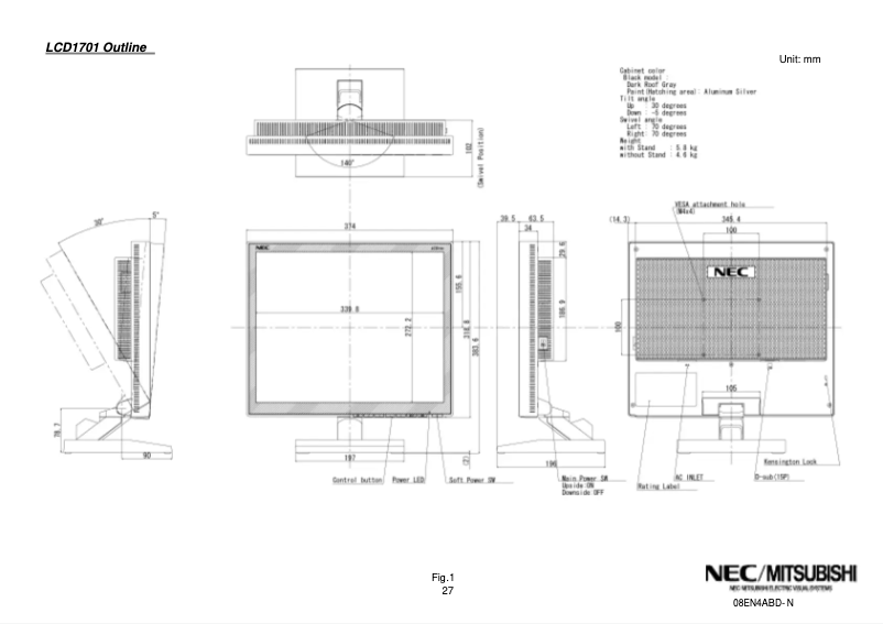 Page 1 de la notice Dessin technique NEC LCD1701
