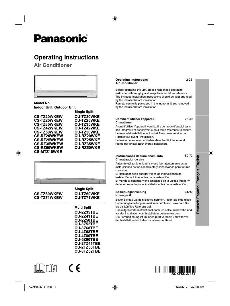 Page 1 de la notice Manuel utilisateur Panasonic CU-RZ25WKE