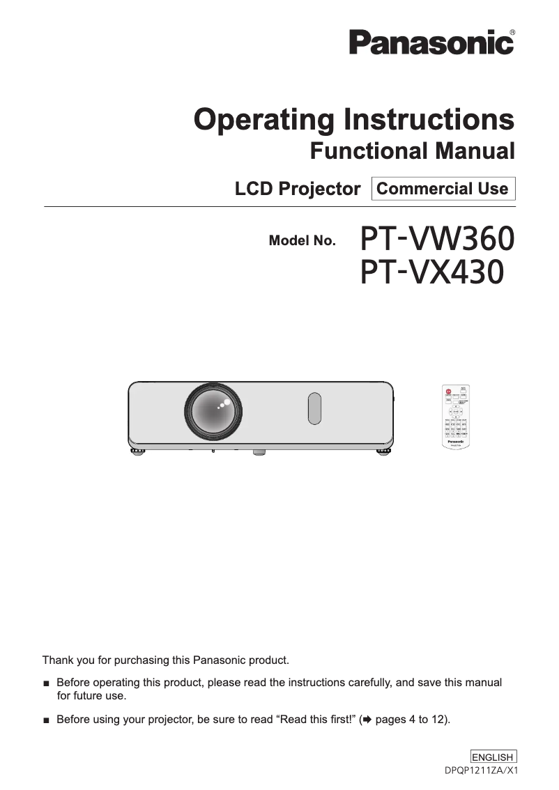 Page n°1 - Manuel utilisateur Panasonic PT-VX430