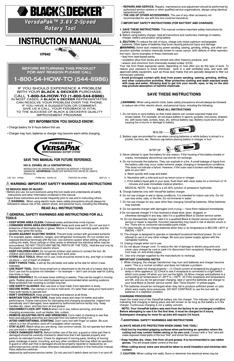 Page n°1 - Manuel utilisateur Black & Decker VP940
