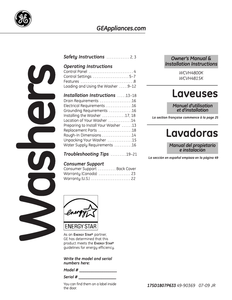 Imagen de la primera página del manual del dispositivo WCVH4800KWW
