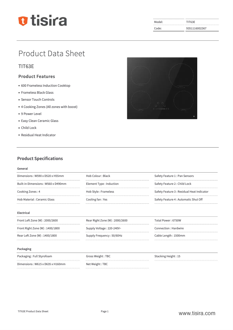 Page 1 de la notice Fiche technique Tisira TIT63E