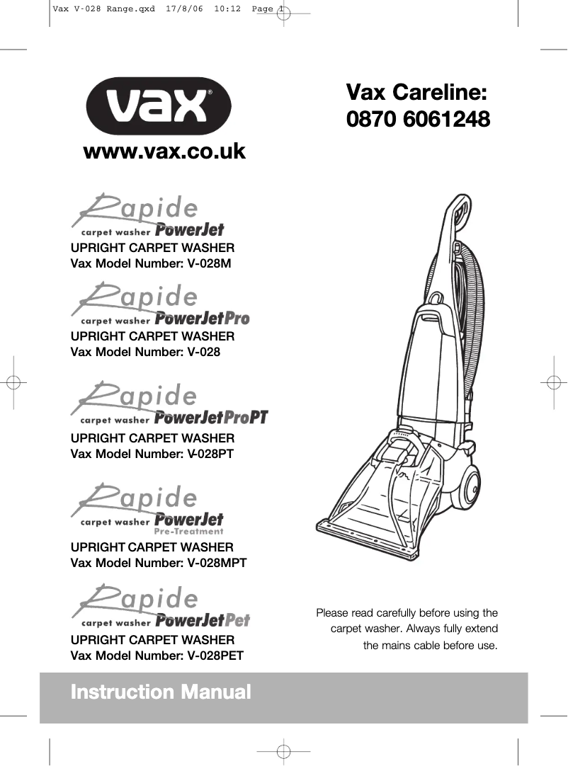 Page n°1 - Manuel utilisateur Vax Rapide PowerJet Pro V-028