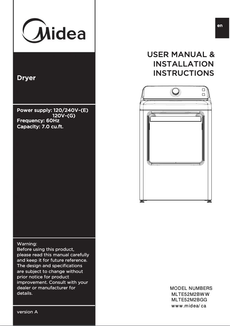 Page 1 de la notice Manuel utilisateur Midea MLTE52M2BWW