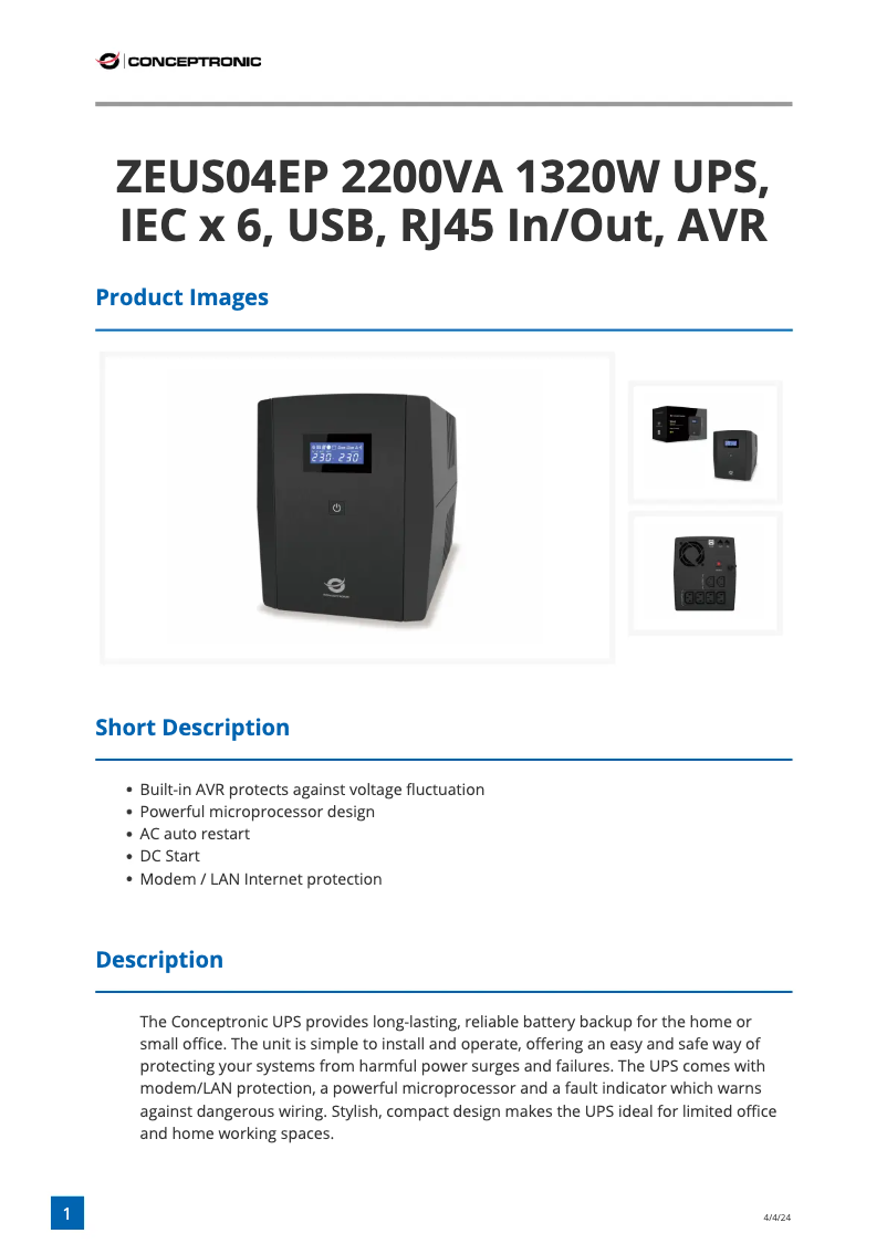 Page 1 de la notice Fiche technique Conceptronic ZEUS04EP