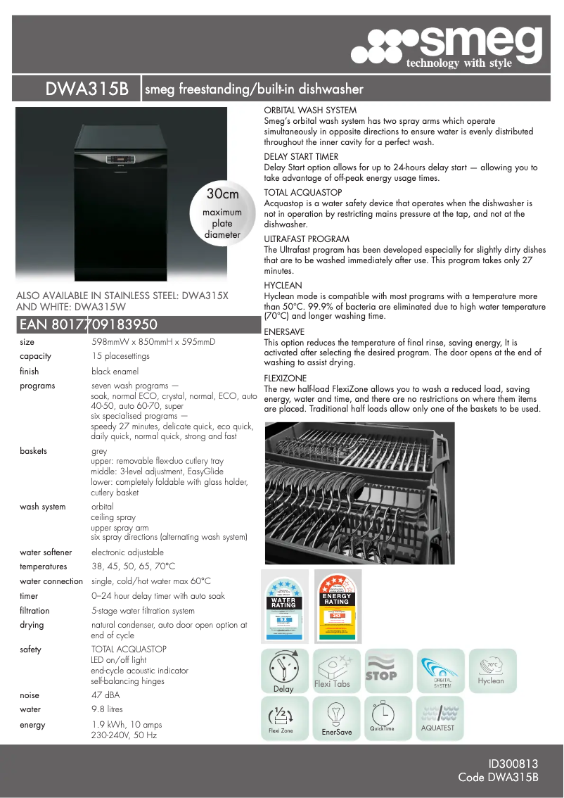 Page 1 de la notice Fiche technique Smeg DWA315B