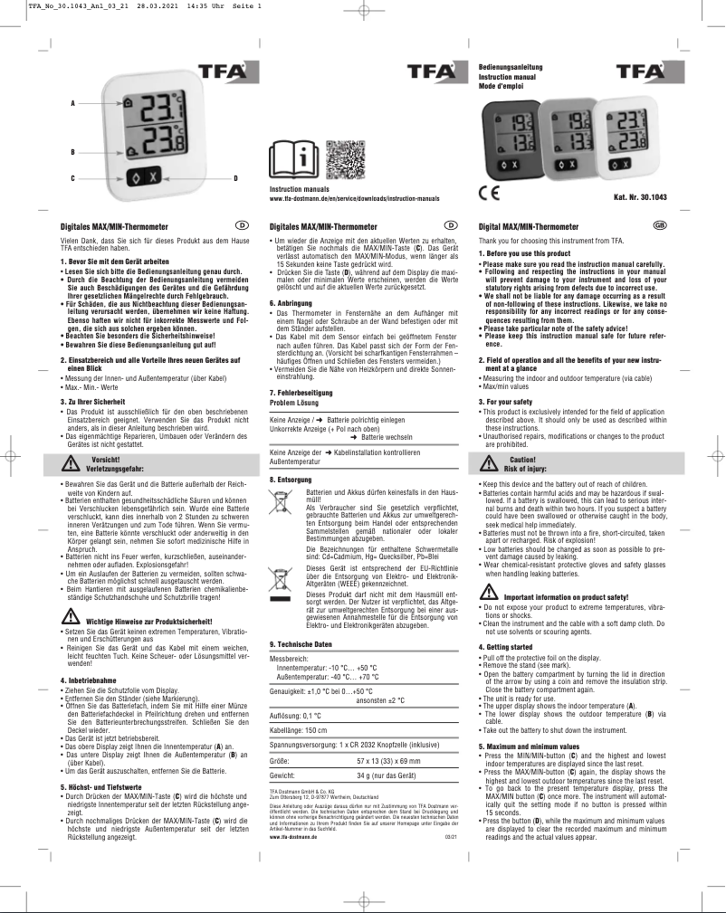 Page n°1 - Manuel utilisateur TFA 30.1043.02