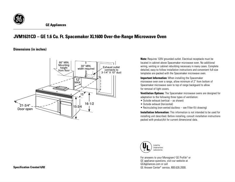 Página 1 del manual Ficha técnica GE JVM1631CD