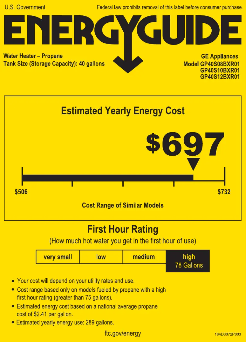 Page 1 de la notice Label énergétique GE GP40S12BXR