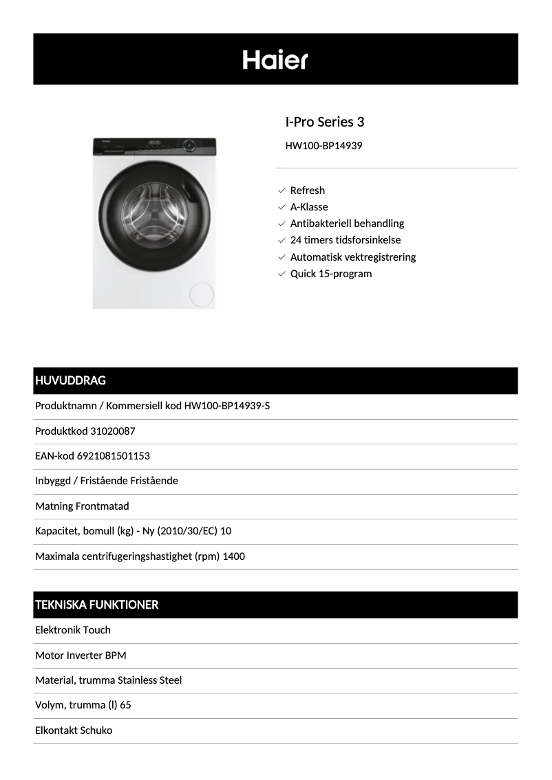 Page 1 de la notice Brochure Haier HW100-BP14939