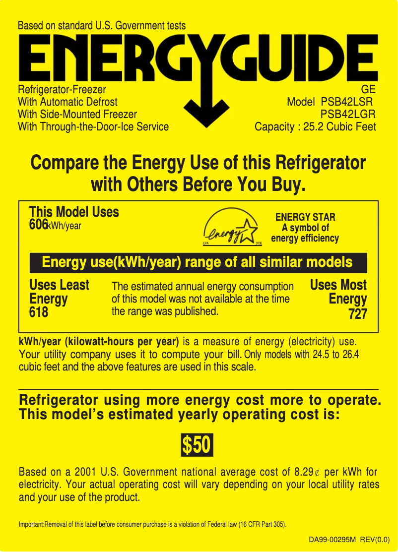 Page 1 de la notice Label énergétique GE PSB42LGRWV