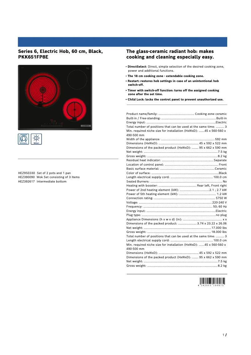 Page 1 de la notice Fiche technique Bosch PKK651FP8E