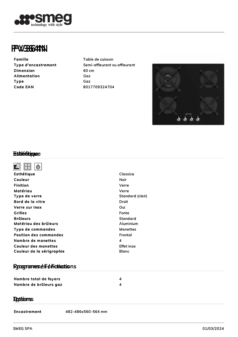 Page 1 de la notice Fiche technique Smeg PV364N