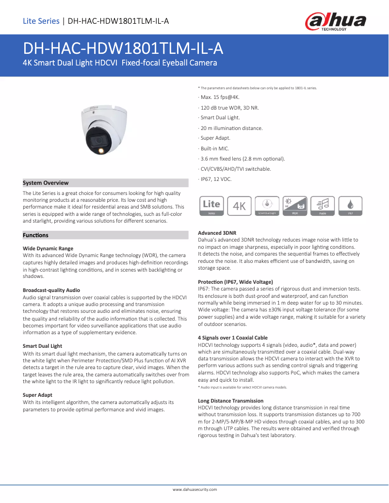 Page 1 de la notice Fiche technique Dahua Technology HAC-HDW1801TLM-IL-A