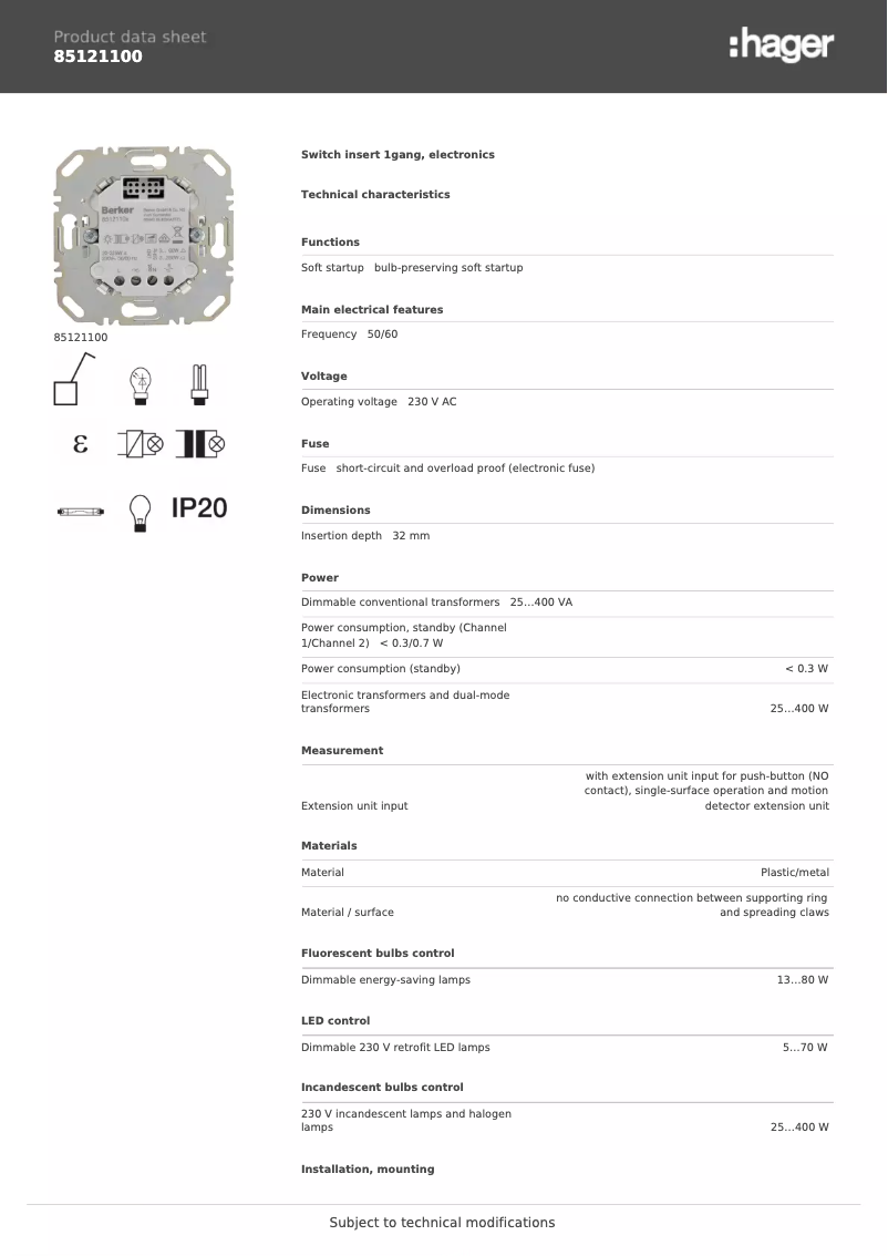 Page n°1 - Fiche technique Hager 85121100