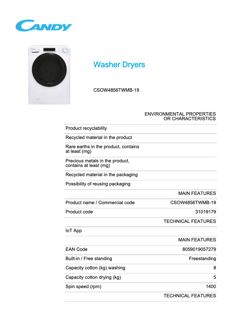 Page 1 de la notice Fiche technique Candy CSOW4856TWMB-19
