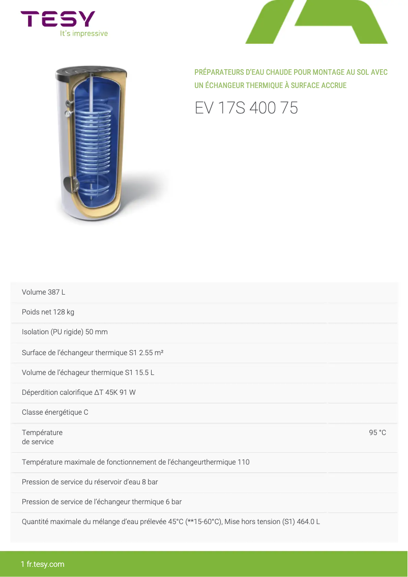 Page 1 de la notice Manuel utilisateur Tesy EV 17S 400 75