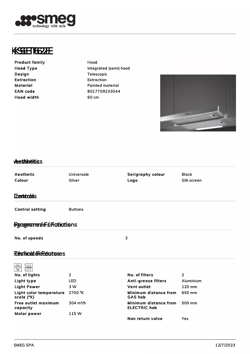 Page 1 de la notice Fiche technique Smeg KSET62E