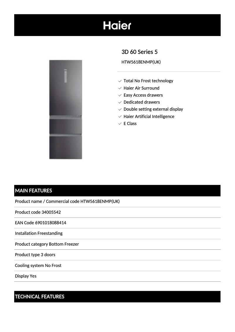 Page 1 de la notice Fiche technique Haier HTW5618ENMP