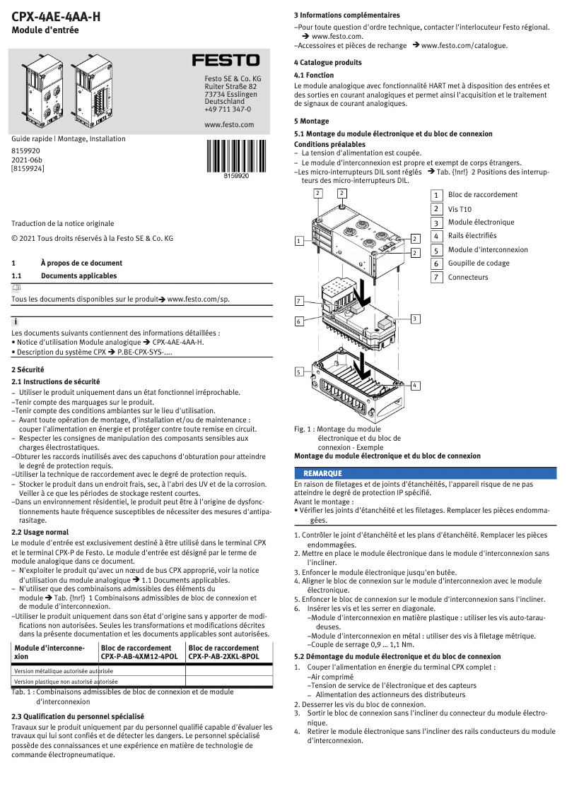 Page 1 de la notice Manuel utilisateur Festo CPX-4AE-4AA-H