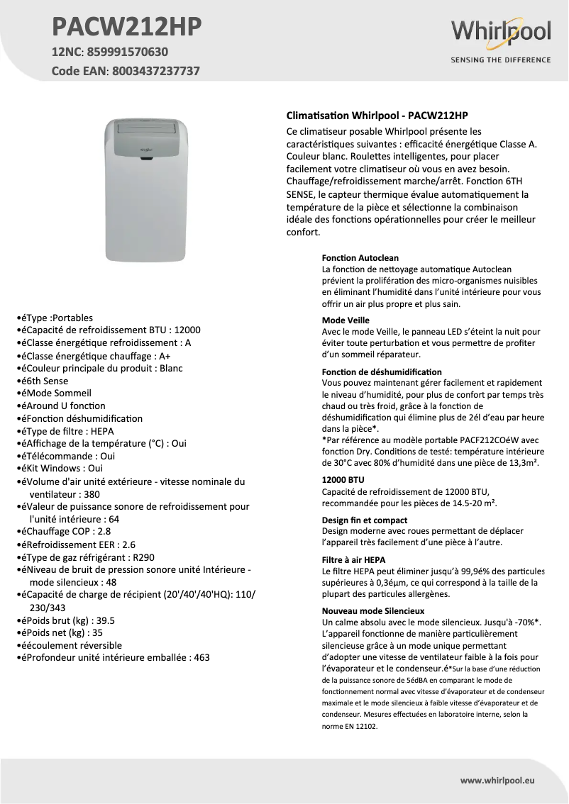 Page 1 de la notice Fiche technique Whirlpool PACW212HP