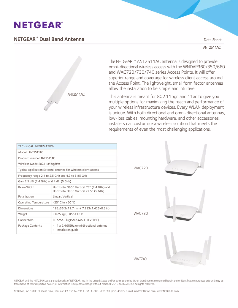 Page 1 de la notice Fiche technique Netgear ANT2511AC