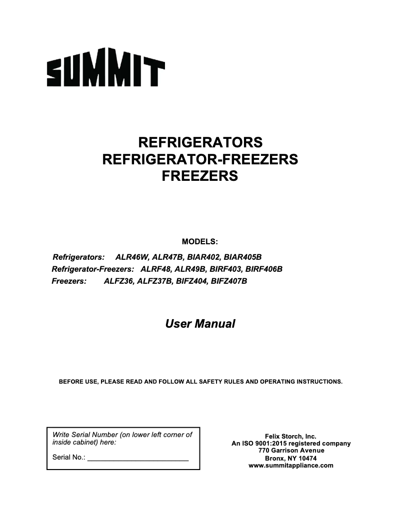 Page n°1 - Manuel utilisateur Summit ALFZ37BCSS