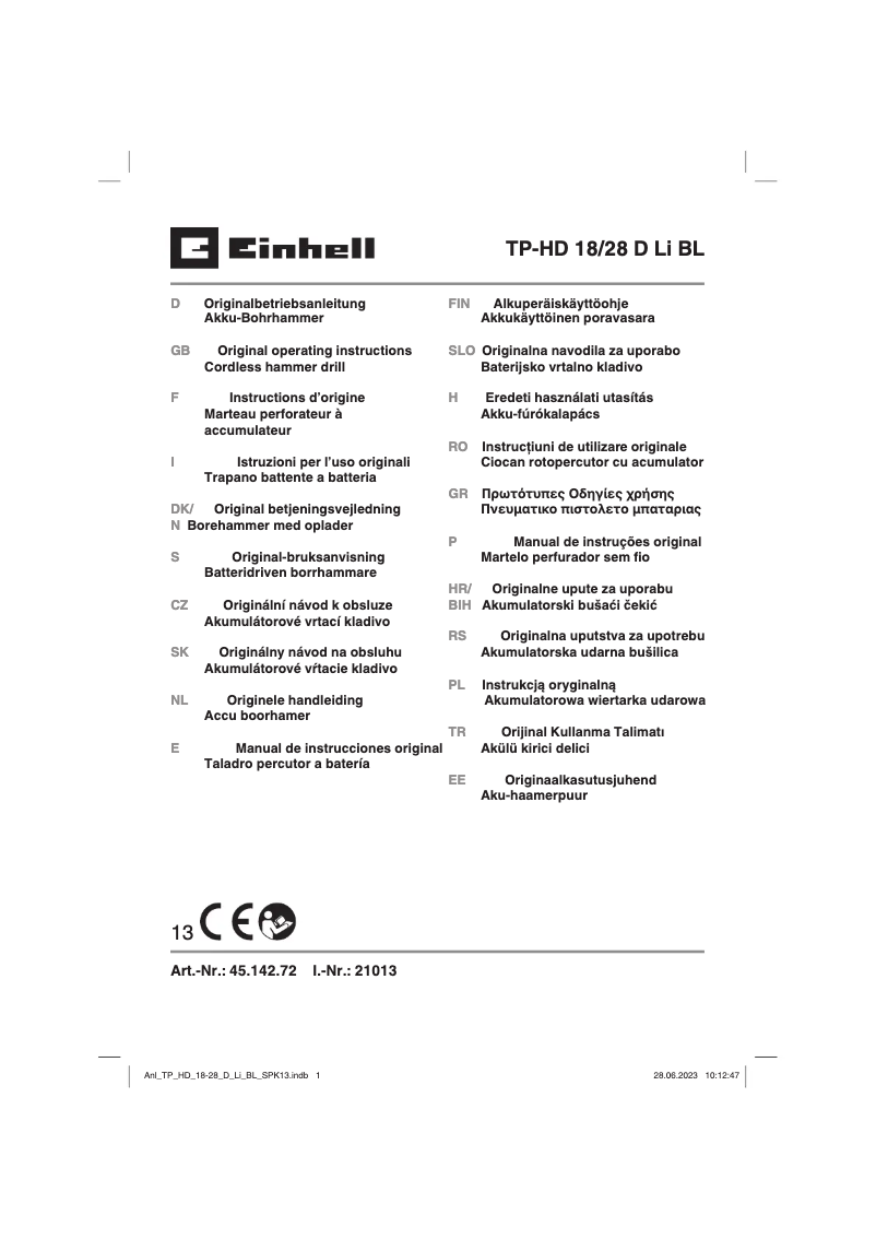 Page 1 de la notice Manuel utilisateur Einhell TP-HD 18/28 D Li BL