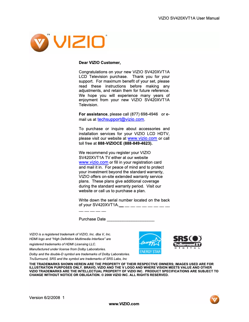 Page n°1 - Manuel utilisateur VIZIO SV420XVT