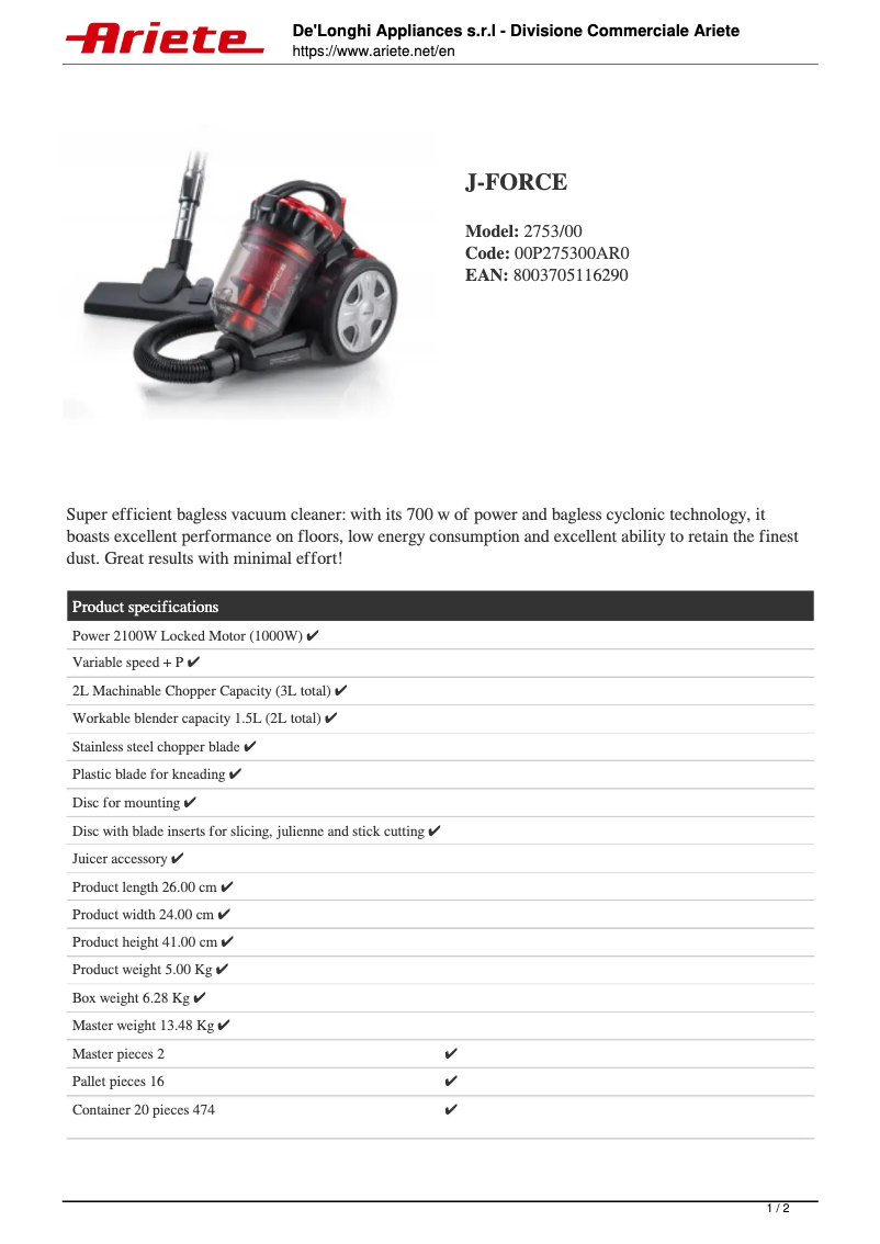 Page 1 de la notice Fiche technique Ariete J-Force 2753