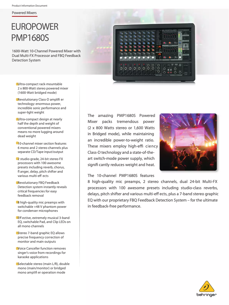 Page 1 de la notice Fiche technique Behringer Europower PMP1680S