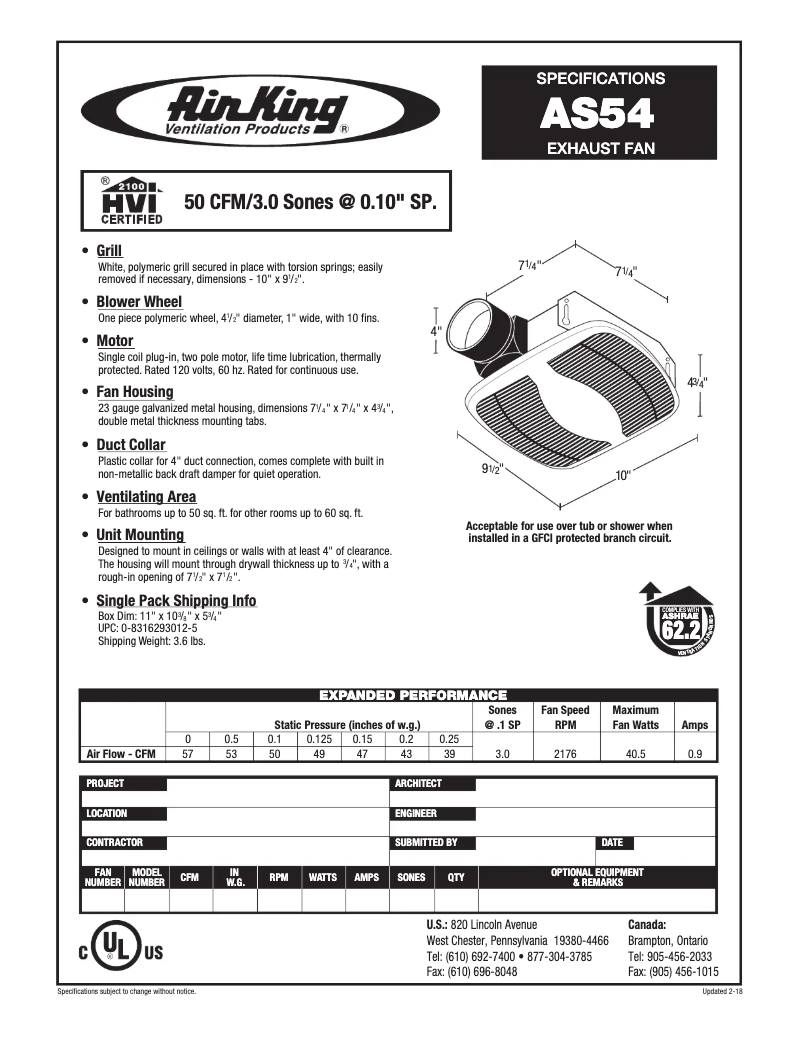Page 1 de la notice Fiche technique Air King AS54