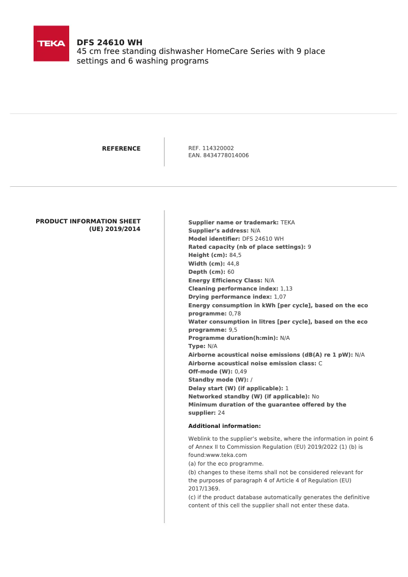 Page n°1 - Fiche technique Teka DFS 24650