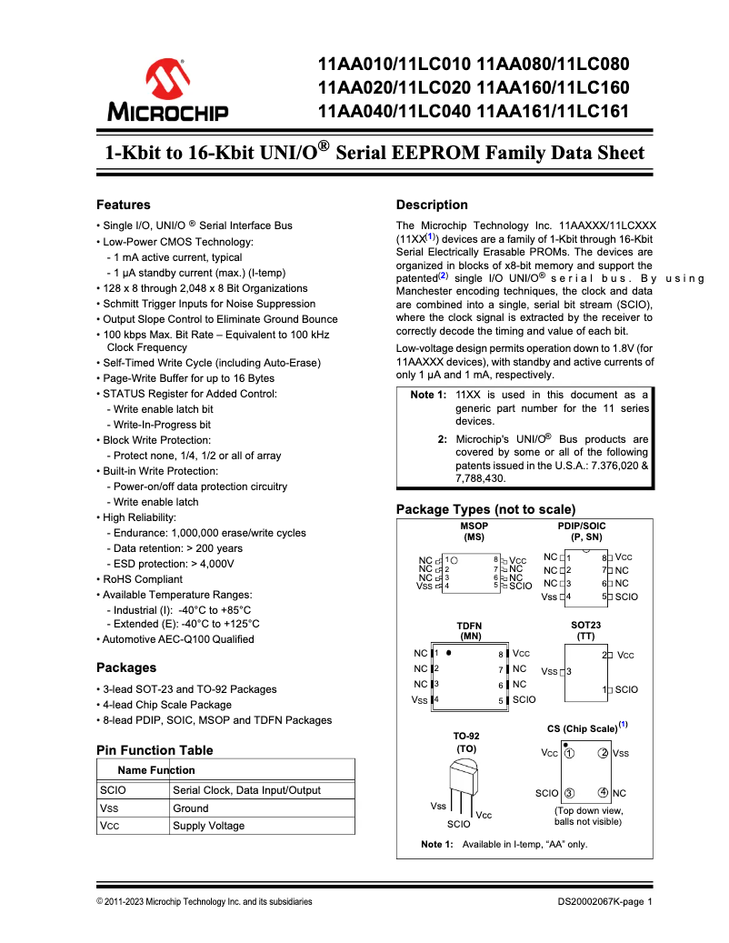 Page 1 de la notice Manuel utilisateur Microchip 11AA160