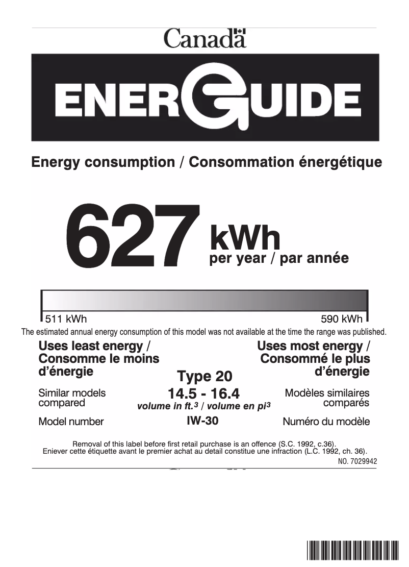 Page n°1 - Label énergétique Sub-Zero IW-30A-RH