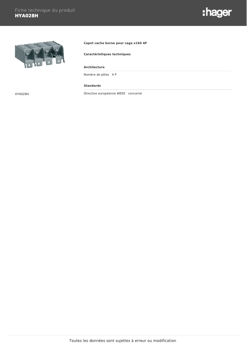 Page n°1 - Fiche technique Hager HYA028H