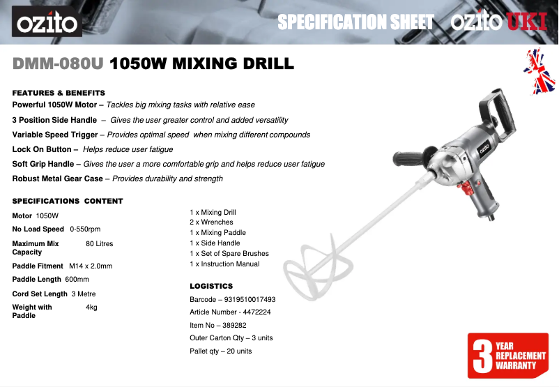 Page 1 de la notice Fiche technique Ozito DMM-080U