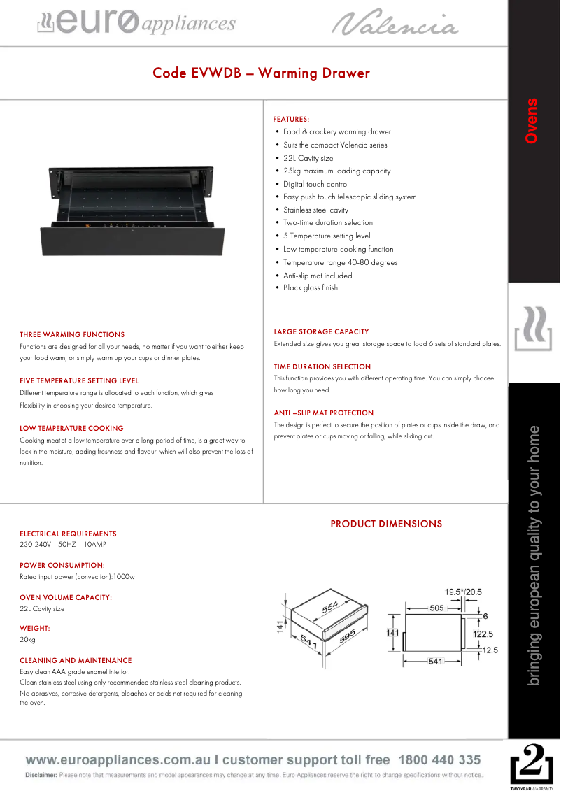 Page 1 de la notice Fiche technique Euro Appliances Valencia EVWDB