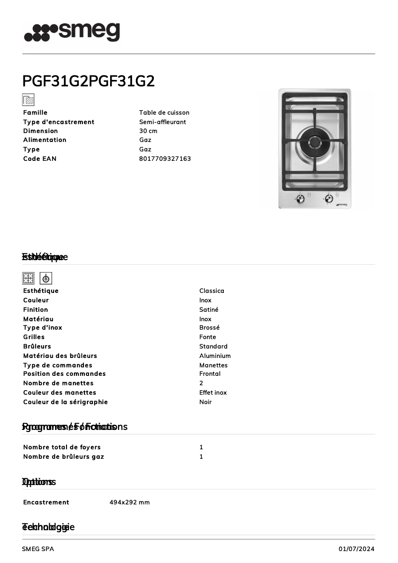 Page 1 de la notice Fiche technique Smeg PGF31G2