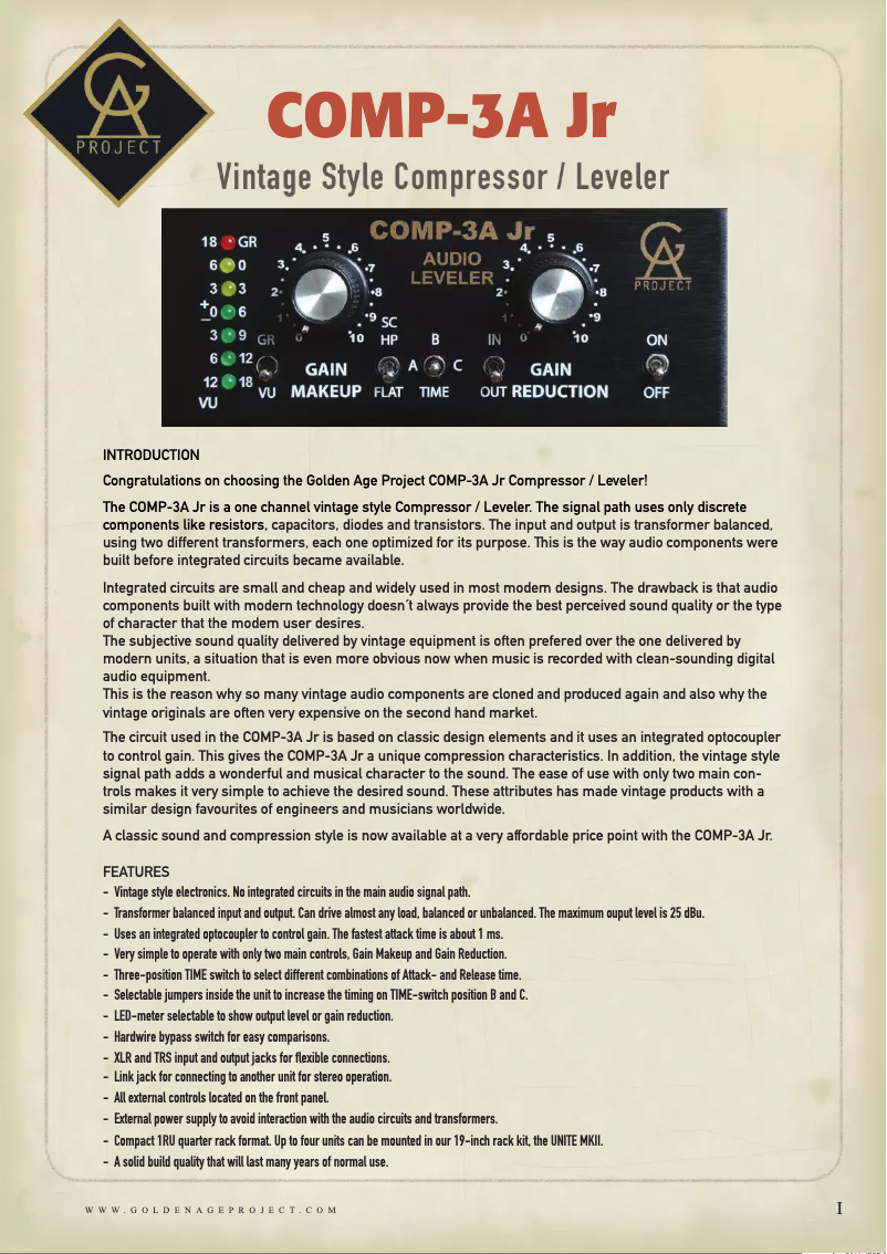 Page n°1 - Manuel utilisateur Golden Age Project Comp-3A Jr