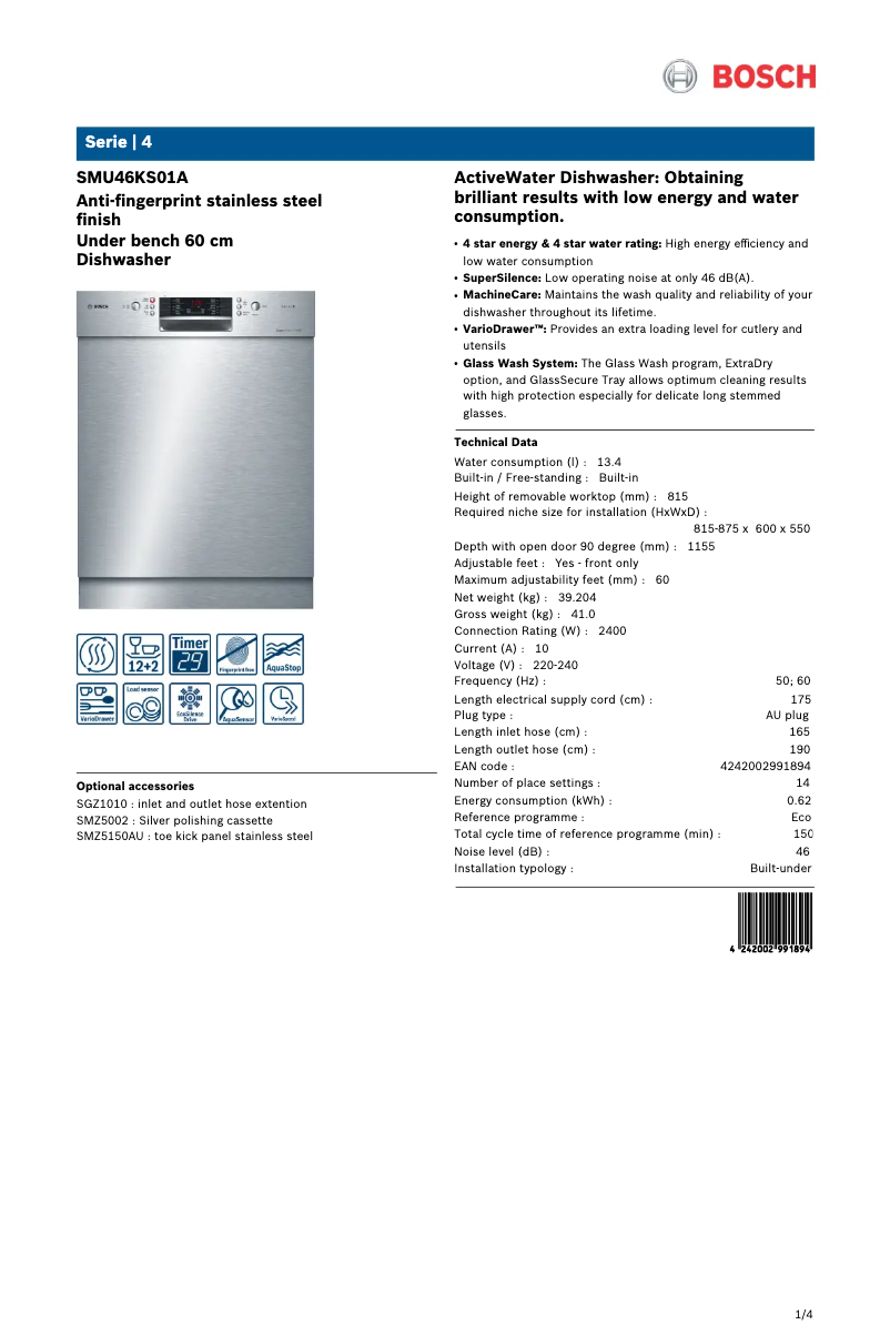 Página 1 del manual Ficha técnica Bosch SMU46KS01A