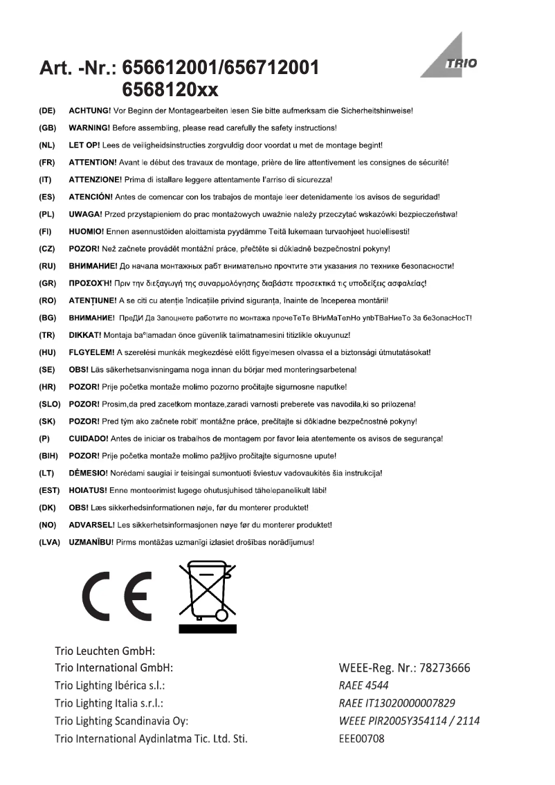 Page 1 de la notice Manuel utilisateur Trio Lighting Milano 656712001